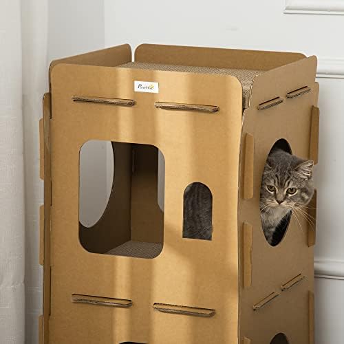 PawHut Cardboard Cat House DIY Cat Tree With Condos, Scratching Pad Board Hideaway Toy Pet