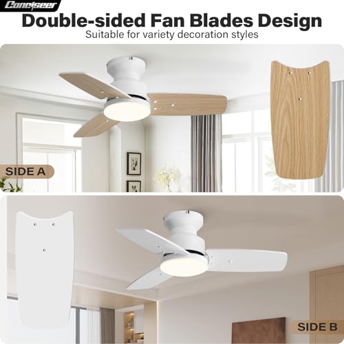 30 Inch Ceiling Fans with Lights and Remote, Bedroom Living Room Office, Flush Mount, 6CCT Dimmable, Dual Color 3 Blades 6 Speed Reversible Quiet DC Motor, White/Wood Grain by Conciseer - Used condition - Image 7
