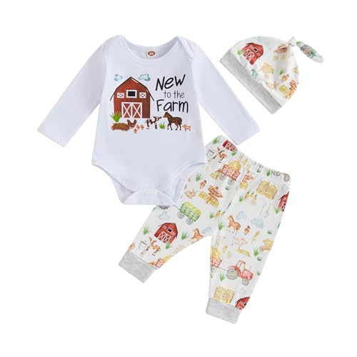 BULINGNA Newborn Baby Boy Girl Farm Outfits New to the Farm Romper Country Animal Pants Hat 3Pcs Summer Clothes (Long Sleeve, 3-6 Months)
