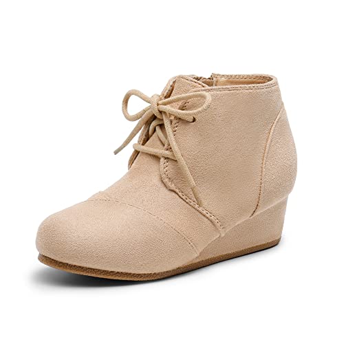DREAM PAIRS Girls Low Wedge Heel Booties Side Zipper Ankle Boots Toddler/Little Kid/Big Kid 4 Big Kid Beige