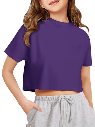 Image of Girls Athletic Oversized Crop Tops Kids Drop Shoulder Short Sleeve T Shirts Workout Tees 5-14 Years