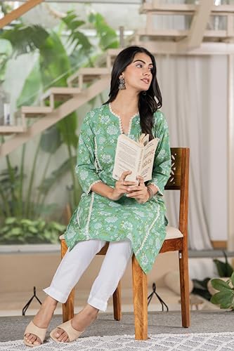 Image of Women's Cotton Straight Kurti with Geometric Print, 3 /4 Sleeves, Lace Trim Detail, Regular Fit, Casual Wear