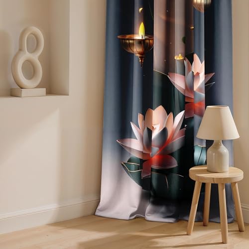 Image of Ultimate Trends Festival Themed Light Filtering Polyester Curtain Diya, Lantern, Lotus & Fireworks Print | Ideal for Diwali, Pooja Room, Living Room Dcor | Eyelets|, 5 FEET (Pack of 2)