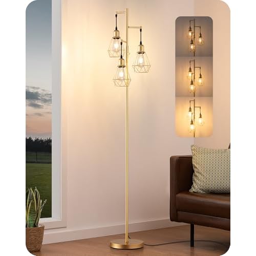 EDISHINE 70'' Dimmable Industrial Floor Lamp, Farmhouse Standing Lamps Diamond-Shaped Lampshade, 3 LED Edison Bulbs Included, Farmhouse Rustic Floor Lamps for Living Room, Bedroom, Office, G