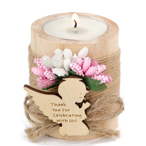 10 Pcs Handmade Wooden Tea Candle Holders, Baptism Gift,Christening Gift, Gender Reveal Guest Favors with Personalized Tags, Adult Baptism.(Light-Pink)