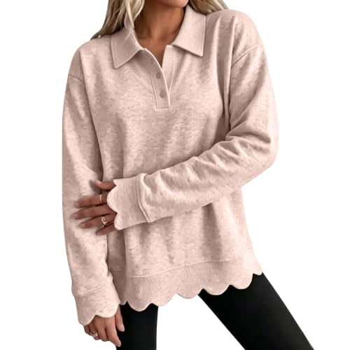 Scalloped Pullover Women Oversized 1/4 Button Henley Collar Fall Sweatshirt - image 2