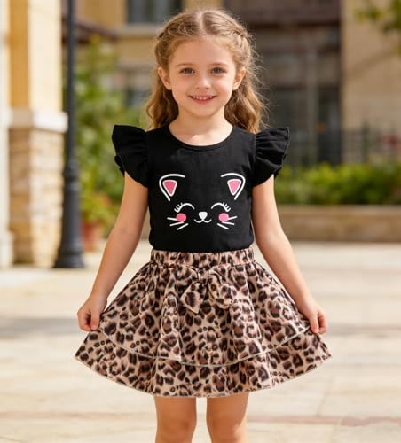 Image of Girls Skirt Set 2 Piece Outfit Toddler Summer Clothes Ruffle Sleeve T-Shirt Bow Knot Tutu Skirt Outfit Set