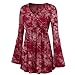 Produktbild Damenmode Bluse Tops Rosennie Mode V-Ausschnitt Langarm Bluse Langarmshirt Tie-Dye Print Langarm Tops Plissee Hohe Taille Blusen Frauen Herbst Long Sleeve Gedrucktes Tunik Pullover(Wein,3XL)