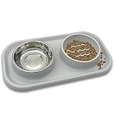 BNOSDM Slow Feeder Dog Cat Bowls, Stainless Steel with Silicone Mat Dog Food and Water Bowls Set, Pet Feeding Dish to Slow Down Eating for Cats and Small Dogs Puppy, Grey