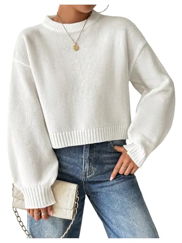 SweatyRocks Womens Oversized Cropped Sweater Long Sleeve Crewneck Knit Pullovers Crop Tops White Medium