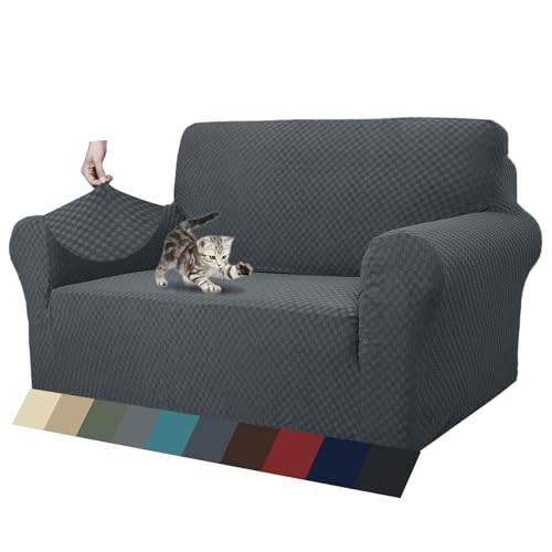 ZNSAYOTX 1 Piece Jacquard Couch Covers for 2 Cushion Couch High Stretch Loveseat Slipcover for Pets Dogs Anti Slip Love Seat Sofa Slipcover Furniture Protector (Loveseat, Dark Grey)