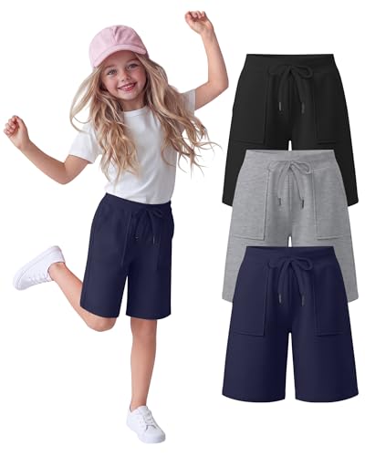 Langyiwee 3 Pack Girls Bermuda Shorts Athletic Knee Length Drawstring Summer Long Shorts with Pockets for 5-14 Years(11-12 Years,Black, Light Mixed Gray, Navy Blue)