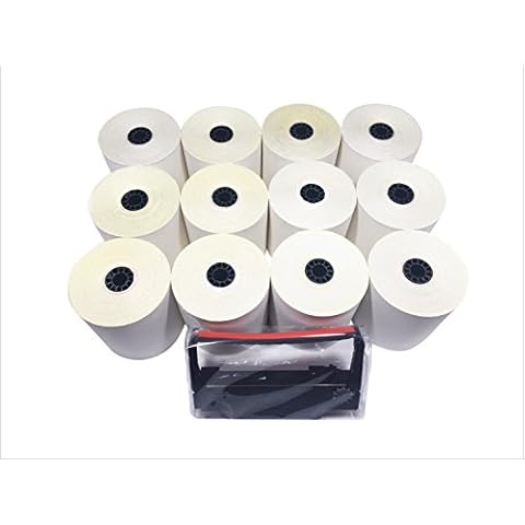 Vonlyst Compatible 2 ply Carbonless Copy Paper Roll white/canary 3 x 95 (12 rolls) plus replacement Printer Ribbon for Epson ERC 30/34/38 Cover