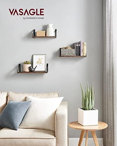 VASAGLE Set of 3 Wall Shelves, Floating Shelves, for Trinkets, Photo Frames, Spice Bottles, Toiletries, in the Living Room, Bedroom, Kitchen, Bathroom, Rustic Brown and Black LWS442B01