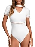 AGECODE Women's Halter V Neck Lace Bodysuit Short Sleeve Tie Back Body Suits One Piece Leotard Going Out Tops Outfits White Large
