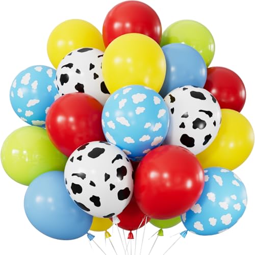 Adeyoo Red Yellow Blue Balloons 12 Inch Red Yellow and Blue Balloons with Sky Blue Lime Green Cloud Cow Print Balloon Colorful Latex Balloon for Birthday Baby Shower Farm Themed Party Decorations