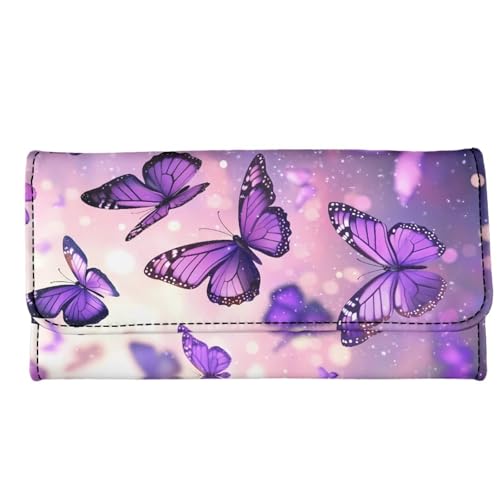 Image of AFPANQZ Bling Butterflies Long Clutch Women Wallet Soft Leather Designer Trifold Multi Card Organizer Phone Holder Lady Purse Buckle Zipper Coin Pocket Pink