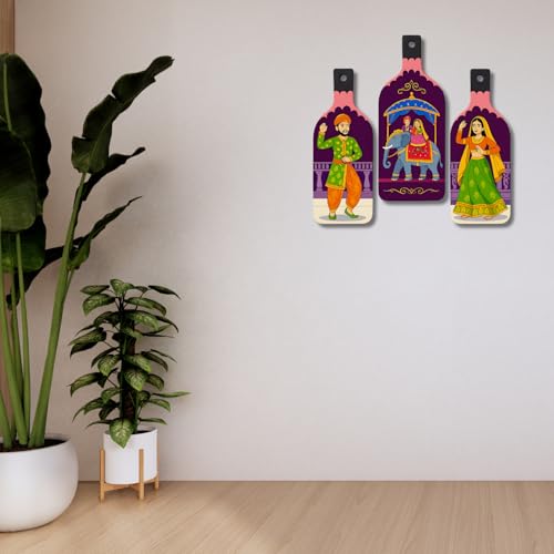 Image of GiftOday Rajasthani Puppet Dance Wooden Wall Hanging for Home & Kitchen Decor | Decoration Items for Livingroom | Modern Artwork Item for Office, Hallway | Decorative Mdf Wall Hanger (Set of 3)
