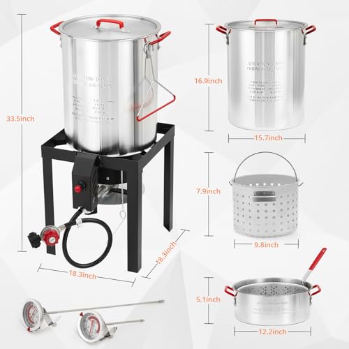30 Qt Turkey & 10 Qt Fish Fryer Boiler Steamer Set, Aluminum Turkey Deep Fryer Pot, 38, 000 BTU Outdoor Propane Stove Burner Stand for 20 Lbs Turkey, Thermometer, Turkey Rack & Lifting Hook