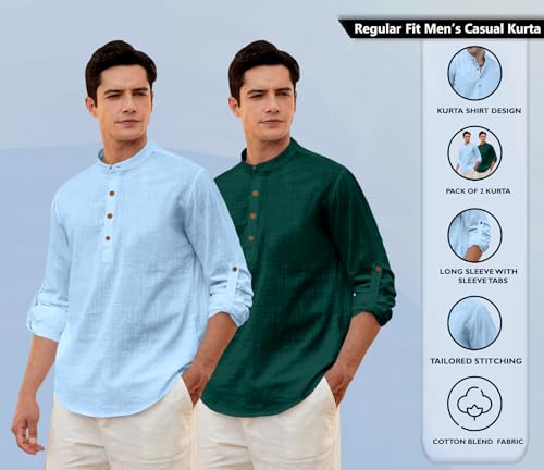 Image of Zombom Men's Combo Cotton Polyester Blend Solid Full Sleeve Straight Regular Fit Mandarin /Chinese Collor Kurta (Pack of 2)