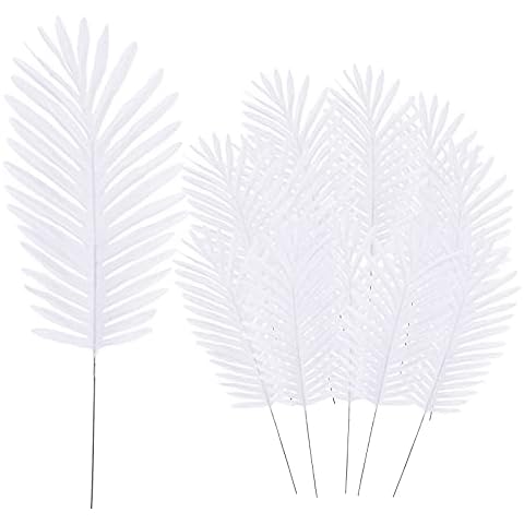 GWOKWAI 12 PCS Artificial Palm Leaves Plants Tropical Large Palm Leaves Fern Leaves for Home Hawaiian Party Jungle Beach Table Leaf Decoration (White) Cover