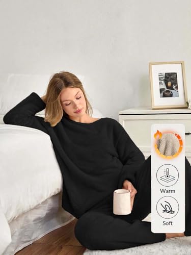 Image of KOTTY Women's Black Winter Tracksuit Co-Ord Set | Warm Woolen Fleece Jogger & Sweatshirt Suit for Stylish Gym & Travel Wear
