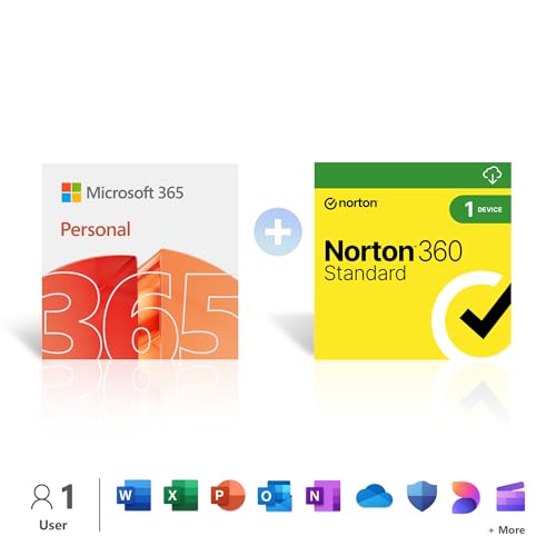 Microsoft 365 Personal | 1 Person | 1TB Cloud Storage | AI Office Apps | Renews for £84.99 + Norton 360 Standard │ 1 Device │ Renews for £104 │ Annual auto-renewing Amazon subscription