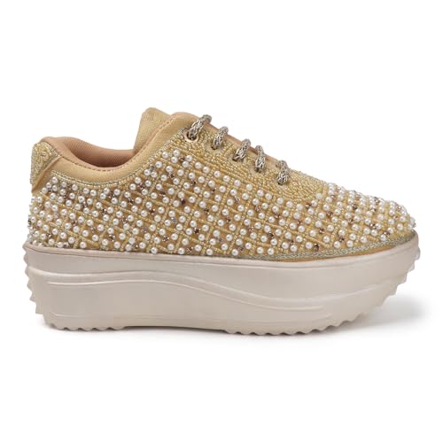 Image of Vendoz Women Hand Embroidery Wedding Party Bridal Floral High Heel Sneakers I Cushioned Insole I Comfortable Wear Wedge Shoes I for Ladies and Girls