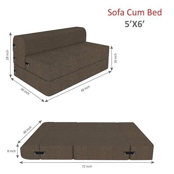 Image of Coirfit 3 Seater Folding Sofa Cum Bed Washable Cover with Free Cushions- Perfect for Guests - Jute Fabric - Brown, | 5' X 6' Feet