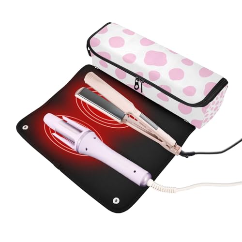 Bolsa de viaje para herramientas de cabello con tapete resistente al calor removible, organizador para planchas, rizadores, secadoras, impresión animal rosa y blanco miniatura 2