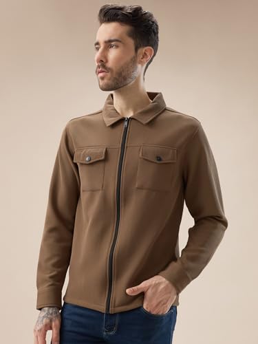 Image of Status Quo Men's Solid Textured Regular Fit Shacket with Zipper Clouser | 100% Polyester