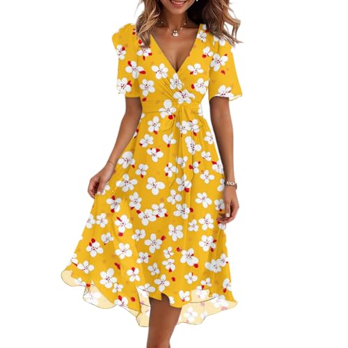 Yellow floral wrap midi dress for women — a modest one-piece to layer over leggings