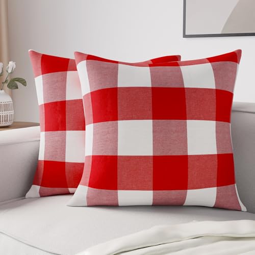 Image of Encasa XO Farmhouse Throw Pillow Covers Set of 2 (18x18 in) Buffalo Red Checks | Decorative Cushion Covers No Inserts | Plaid and Stripes Pillow Covers for Living Room, Couch