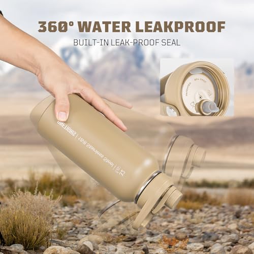 OneTigris Edelstahl Trinkflasche, Wasserflasche 0,9L Hohe Kapazität, Sportflasche mit gute Isolationswirkung für Fahrrad, Camping, Yoga, Gym, Softair, Coyote Braun, 32OZ
