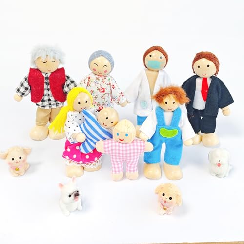 Lonsien Muñecos Constelaciones Familiares 12 Piezas Muñecos Madera Casita de Muñecas con Gato y Perro Accesorios para Casa de muñecas