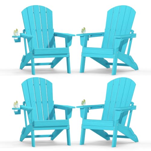 Image of Plawdlik Folding Adirondack Chair Set of 4 with Cup Holder, SGS Tested, HDPE Heavy All-Weather,Wooden Textured,Backyard Fire Pit, Light Blue