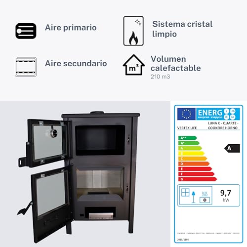 Miniatura 3 de Eider Biomasa Estufa De Leña Interior Con Horno Quartz 12,4 Kw, Frontal En Fundición, Hasta 210 M , Salida Superior Ø120 Mm