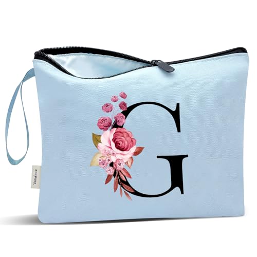 Image of Vavabox A-Z Personalized Makeup Bag, Birthday Gifts for Women Mom, Gifts for Best Friend, Bride Bridesmaid Cosmetic bag (G, Blue)