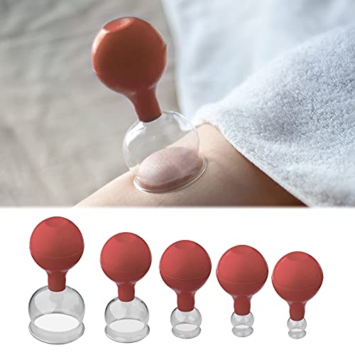 Bacaby 5Pcs Glass Facial Cupping Set - Professional Grade Silicone Facial Cupping for Body, Face, Neck, Back, Eye Massage, Vacuum Tank, Perfect for Body and Facial Care, Anti-aging Beauty Tool (Red)