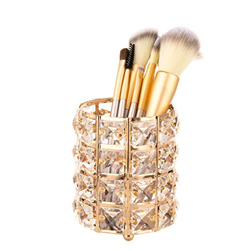Feyarl Crystal Beads Makeup Brush Holder Gold Bling Handcrafted Comb Brush Pen Pencil Holder Pot Storage Cosmetic Tools Organizer Container Candle Holder