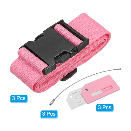 Image of PATIKIL Luggage Strap with Luggage Tag and Loop 78 inchx2 inch, 3 Set Adjustable Suitcase Belt for Travel Packing Bag Closure Identify, Pink