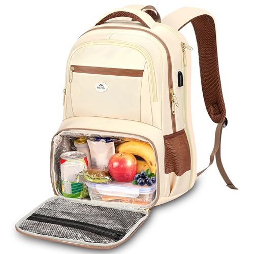 MATEIN Backpack Lunch Bag for Women, Sturdy Teacher Nurse Insulated Cooler Backpack for Work College Travel Picnic, Stylish Cute Laptop School Bag with Lunch Compartment, Gifts for Her, Beige-Brown