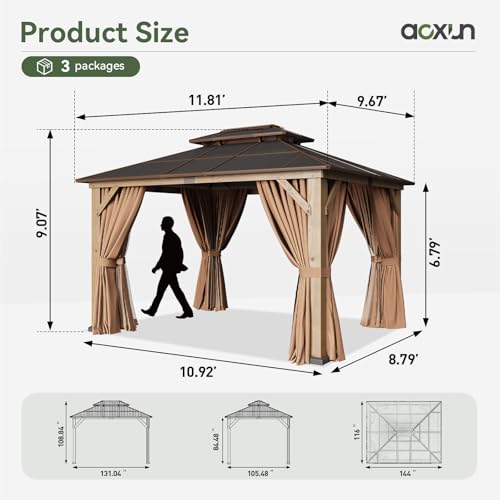Image of Aoxun 10' x 12' Outdoor Wood Gazebo with Double Polycarbonate Top, Hardtop Gazebo Permanent Wooden Pavilion with 20 inch Ceiling Fan with Light, Netting and Curtain for Patio, Garden, Cedar Wood Box of 3