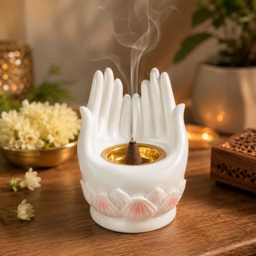 Image of Ekhasa White Lotus Buddha Hand Incense Stick Holder with Ash Catcher