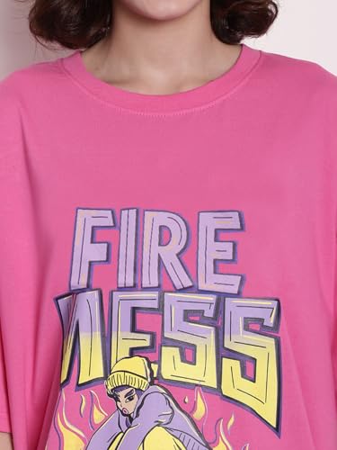 Image of Fabflee Oversized Cotton Baggy Drop Shoulder Graphic Tee with Half Sleeves | Korean Casual Loose T-Shirt for Women