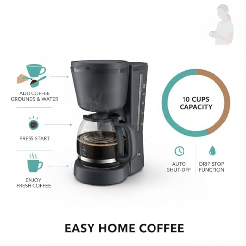 Image of Drumstone (𝟏0 𝐘𝐞𝐚𝐫𝐬 𝐰𝐚𝐫𝐫𝐚𝐧𝐭𝐲) Drip Coffee Maker with Glass Carafe | 1.2L Capacity Brews up to 10 Cups, Automatic Keep Warm & Auto Shut-Off Coffee Machine for Home, Office & Pantry Use