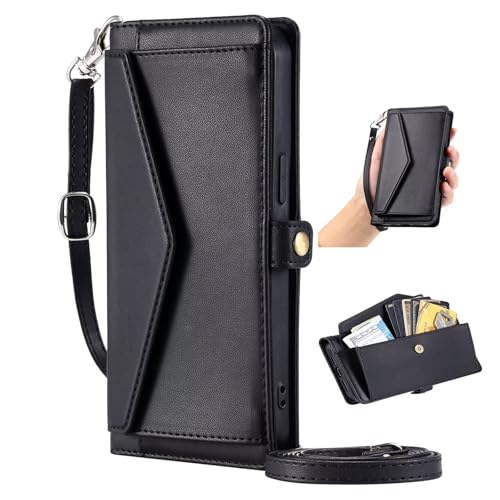 HAOFUGUI Funda para Samsung Galaxy J4 Prime / J4 Plus / J4+, Elegante PU con Porta Tarjetas Soporte PU Cuero Cierre Magnético y Correa Larga/Corta Carcasa, Premium Flip Antigolpes Case-Negro