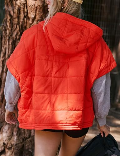 Womens Hooded Puffer Vest Oversized Short Sleeve Quilted Poncho Jacket Zip Up Warm Padded Gilet Coat2