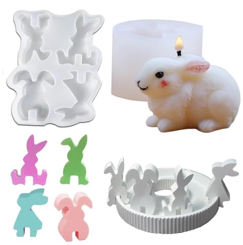 Moldes de Silicona para Pascua,5 PCS Moldes de Fundición de Velas de Conejo Pascua Moldes para Velas 3D Conejo Molde de Silicona para Hacer Velas para Candelabro Velas de té Jabones