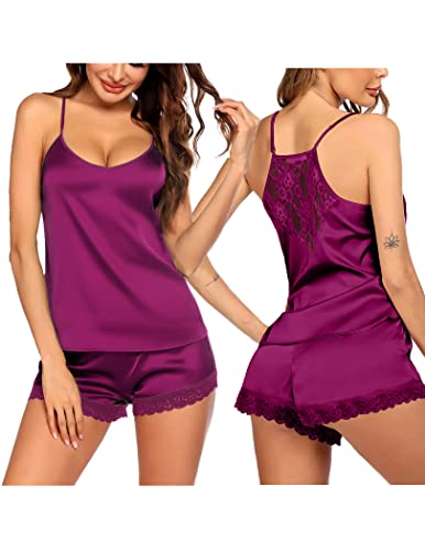 Image of Ekouaer Satin Pajamas Women Lace Sleepwear Lingerie Cami Shorts Set Nightwear XS-XXL